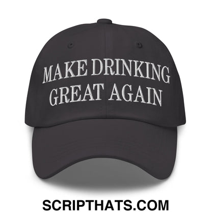 Black embroidered unstructured dad hat with white make drinking great again text for casual wear
