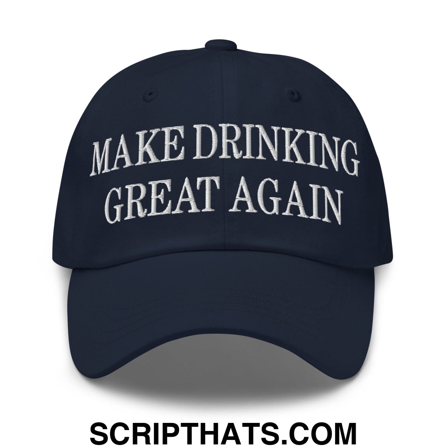 Navy blue unstructured dad hat with white embroidered text make drinking great again for casual wear