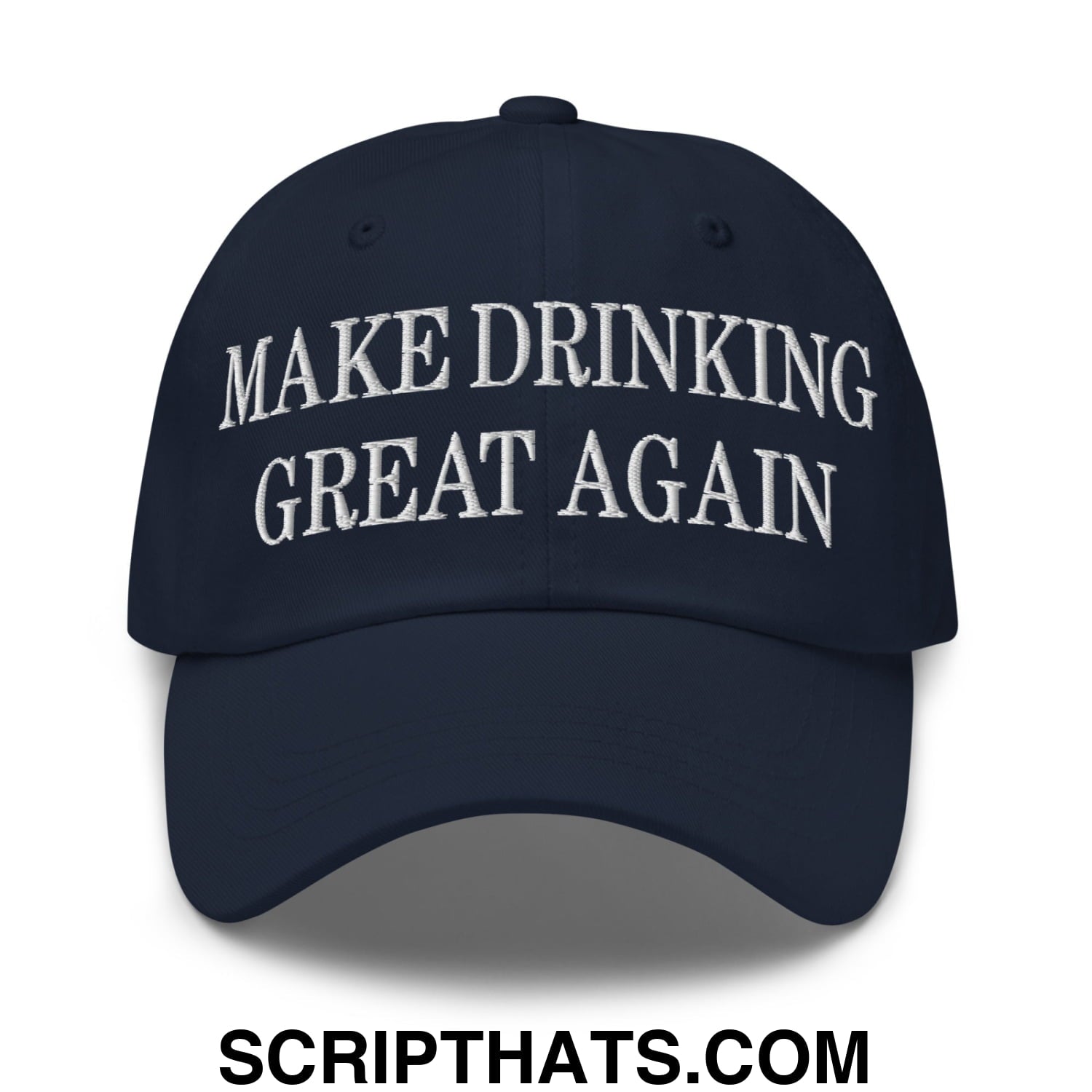 Navy blue unstructured dad hat with white embroidered text make drinking great again for casual wear