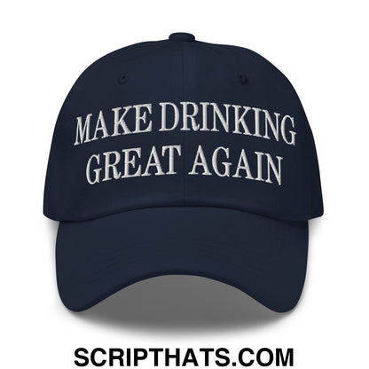Navy blue unstructured dad hat with white embroidered text make drinking great again for casual wear