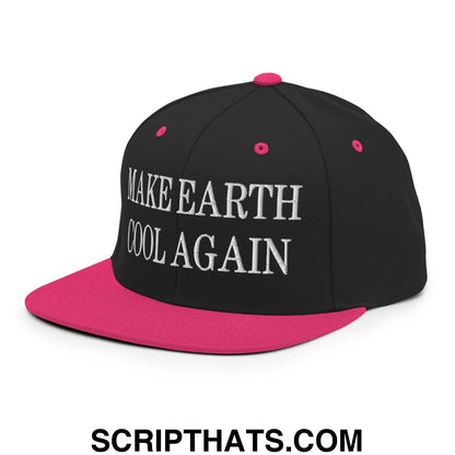 Black and pink snapback hat with white embroidered make earth cool again text and flat bill brim design