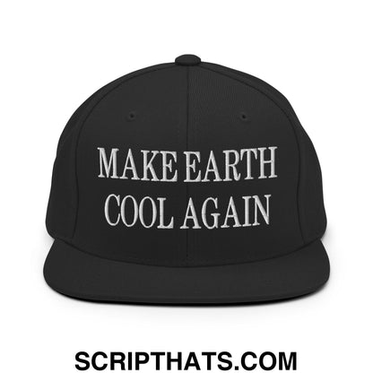 Black snapback hat with white embroidered make earth cool again text and flat bill brim for casual wear