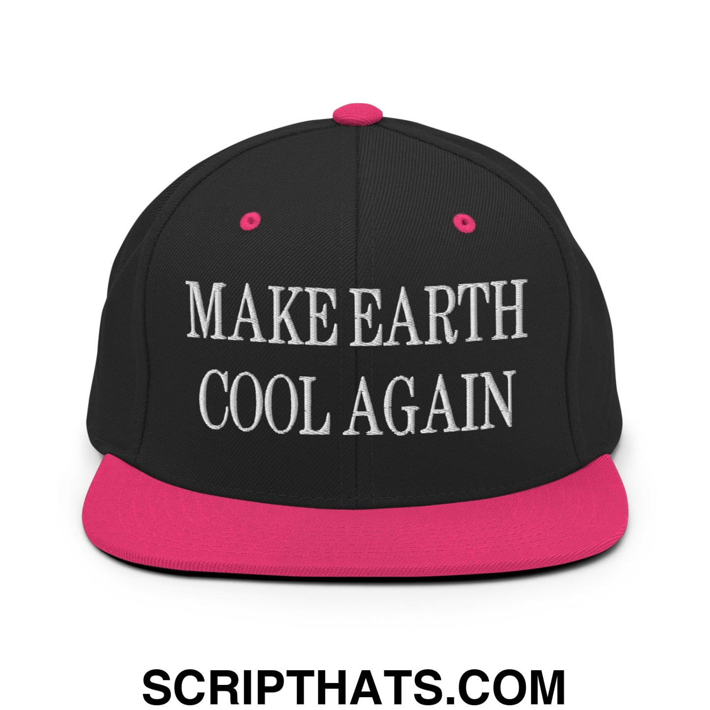 Black snapback hat with vibrant pink brim and button featuring white embroidered text make earth cool again