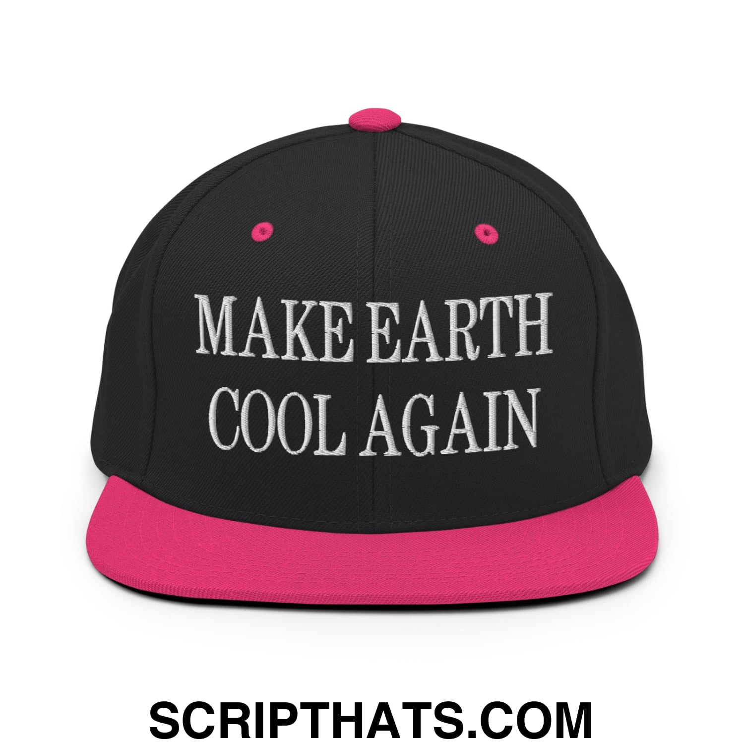 Black snapback hat with vibrant pink brim and button featuring white embroidered text make earth cool again