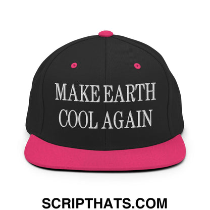 Black snapback hat with vibrant pink brim and button featuring white embroidered text make earth cool again