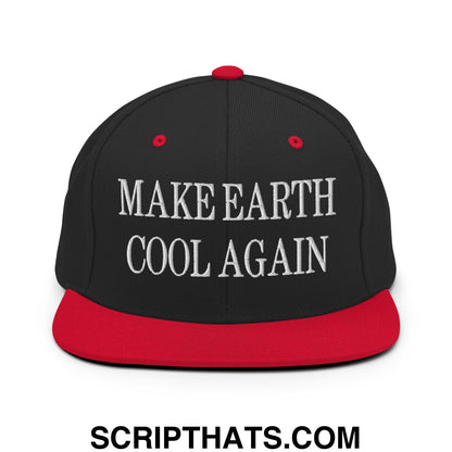 Black snapback hat with red brim and button featuring white embroidered text make earth cool again