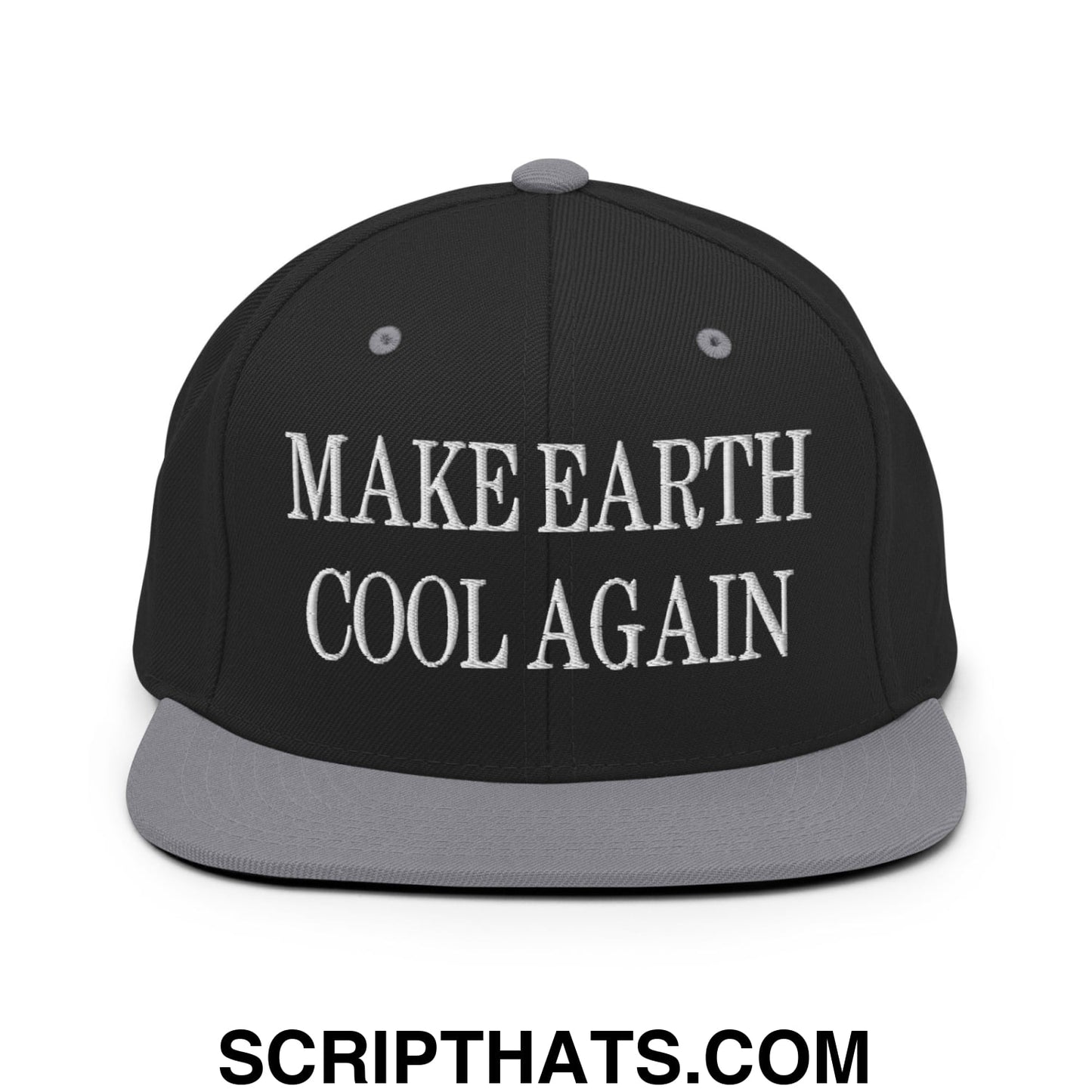 Black snapback hat with gray brim and white embroidered make earth cool again text on front panel