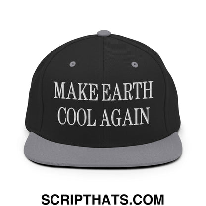 Black snapback hat with gray brim and white embroidered make earth cool again text on front panel