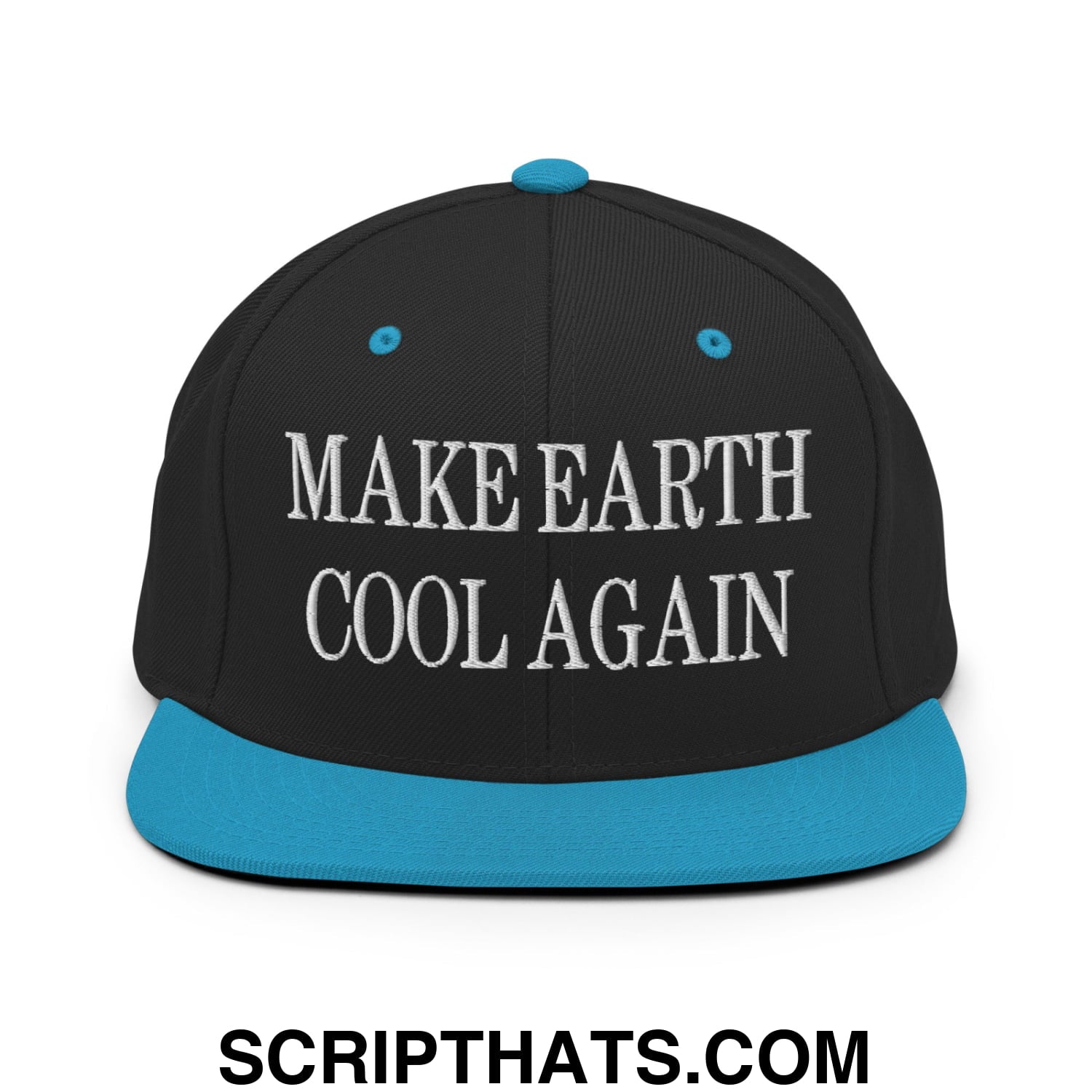 Black snapback hat with teal brim and white embroidered make earth cool again text flat bill brim design