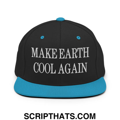 Black snapback hat with teal brim and white embroidered make earth cool again text flat bill brim design