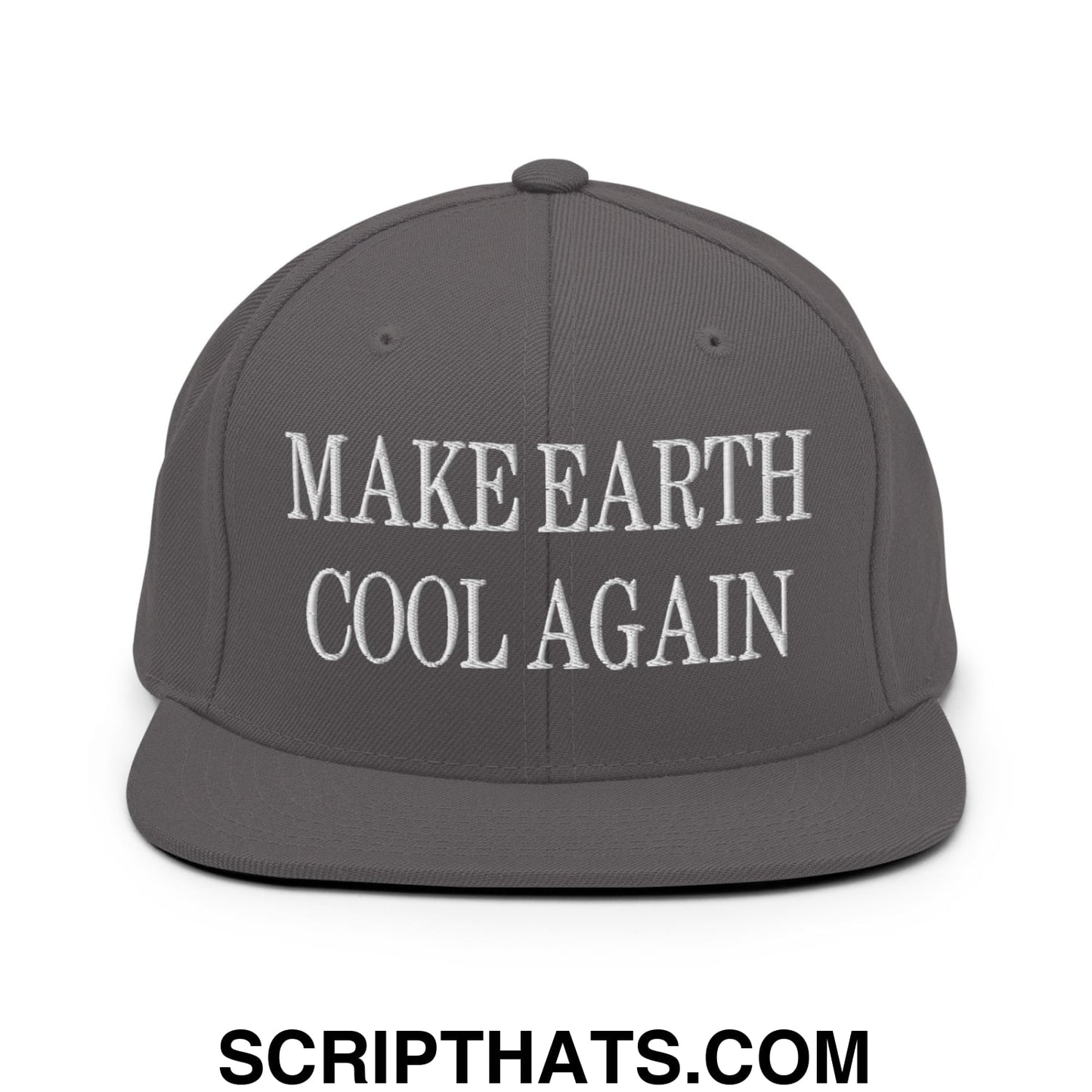 Gray snapback hat with white embroidered make earth cool again text on flat bill brim for eco-friendly style