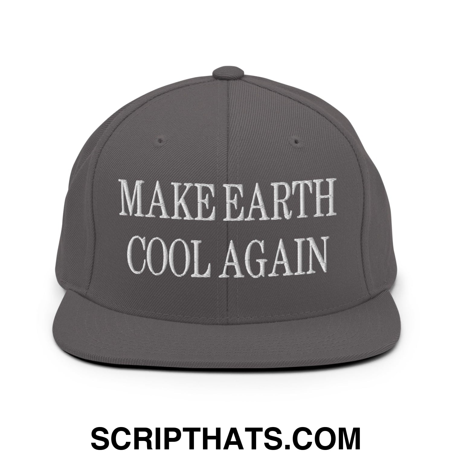 Gray snapback hat with white embroidered make earth cool again text on flat bill brim for eco-friendly style