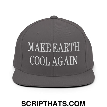Gray snapback hat with white embroidered make earth cool again text on flat bill brim for eco-friendly style