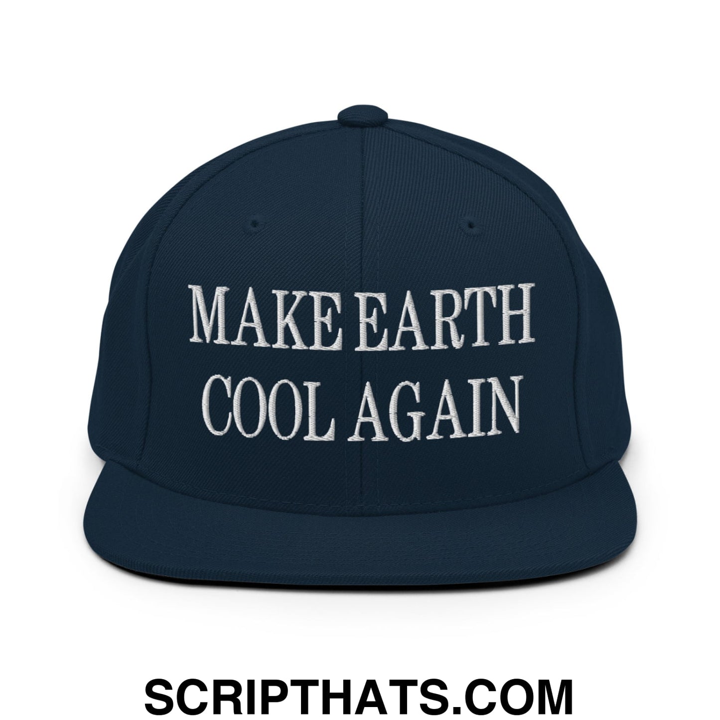 Navy blue snapback hat with white embroidered make earth cool again text and flat bill brim design