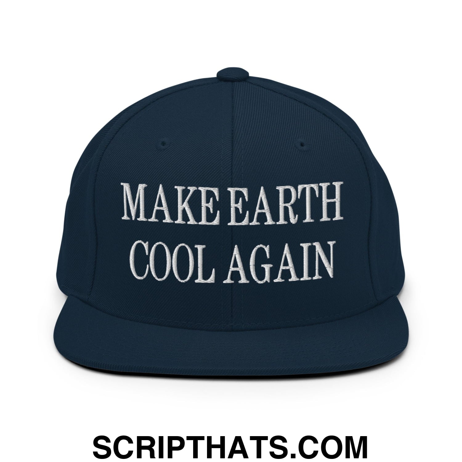 Navy blue snapback hat with white embroidered make earth cool again text and flat bill brim design
