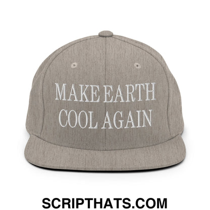 Gray snapback hat with white embroidered make earth cool again text and a flat bill brim for casual wear