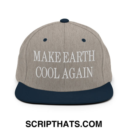 Beige and navy blue snapback hat with white embroidered make earth cool again text and flat bill brim