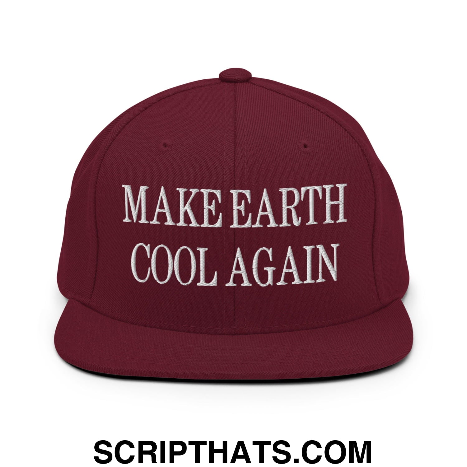 Maroon flat bill brim snapback hat with white embroidered text reading make earth cool again for casual wear