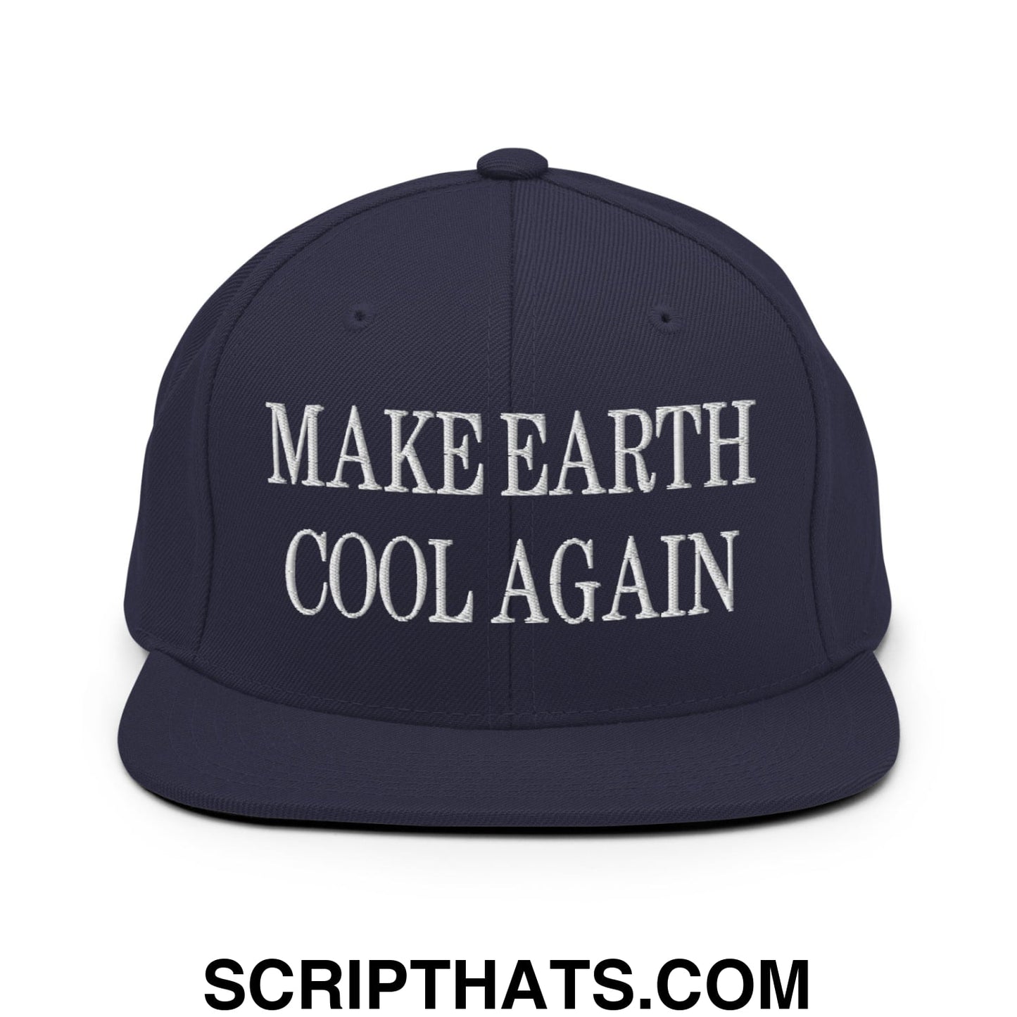 Navy blue snapback hat with white embroidered text make earth cool again flat bill brim for casual wear