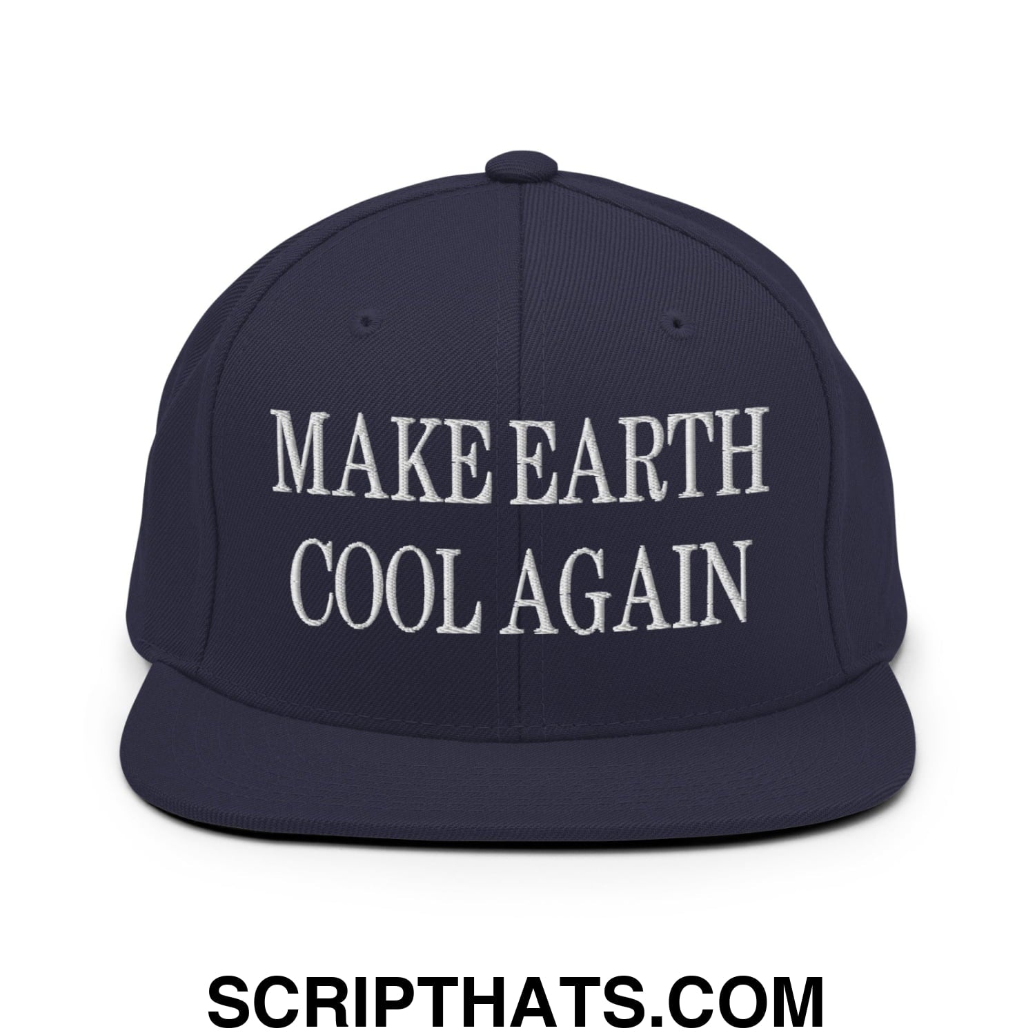 Navy blue snapback hat with white embroidered text make earth cool again flat bill brim for casual wear