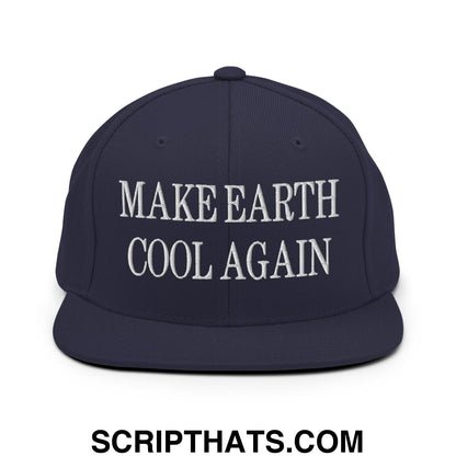 Navy blue snapback hat with white embroidered text make earth cool again flat bill brim for casual wear
