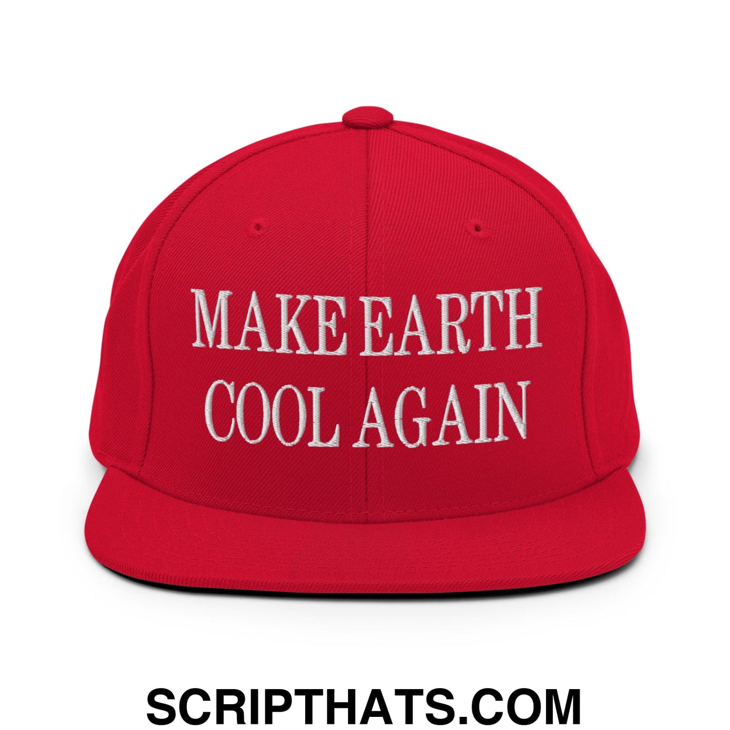 Red flat bill snapback hat with white embroidered make earth cool again text promoting environmental awareness