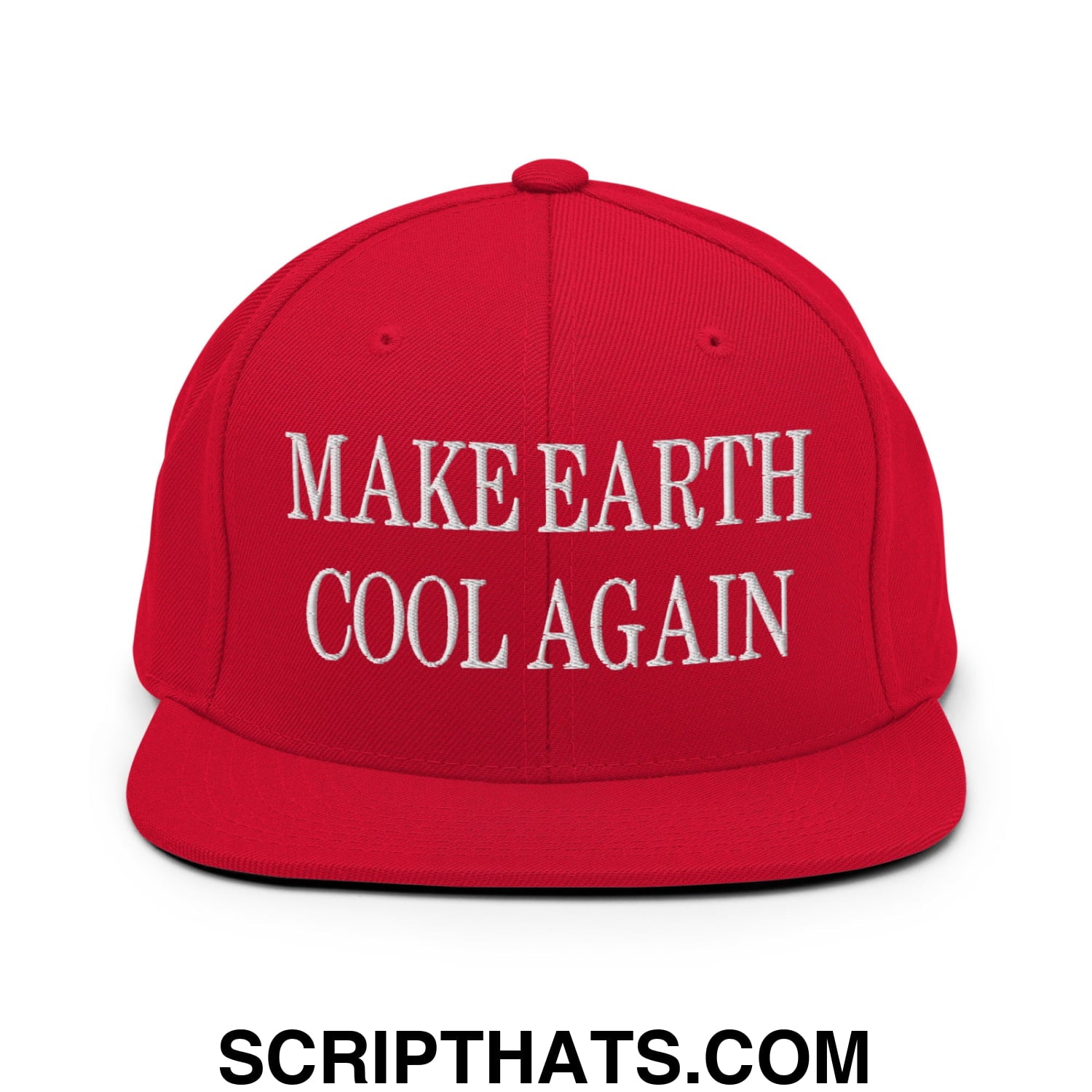 Red flat bill snapback hat with white embroidered make earth cool again text promoting environmental awareness