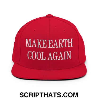 Red flat bill snapback hat with white embroidered make earth cool again text promoting environmental awareness