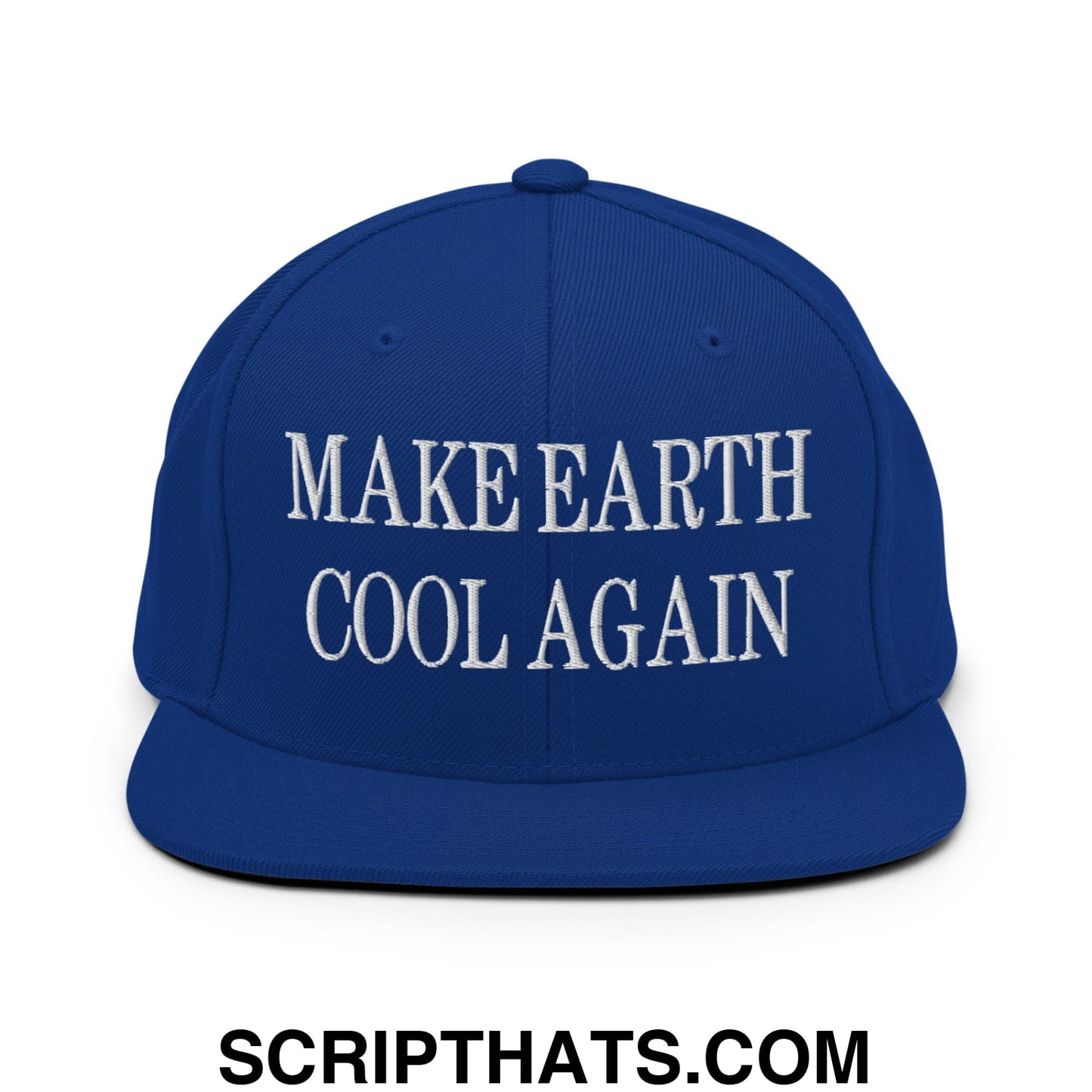 Royal blue snapback hat with white embroidered make earth cool again text and flat bill brim design