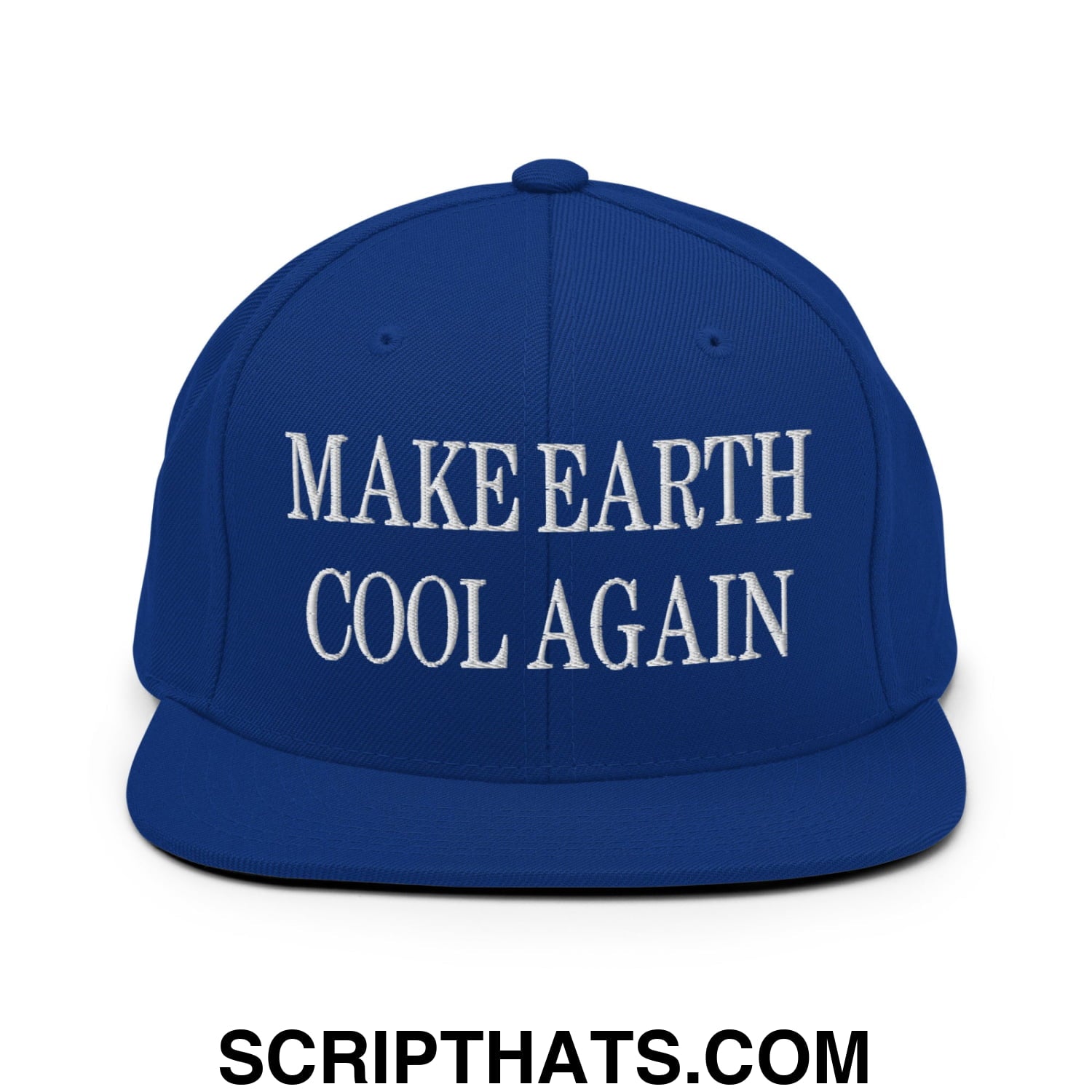 Royal blue snapback hat with white embroidered make earth cool again text and flat bill brim design