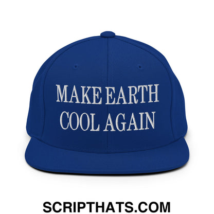 Royal blue snapback hat with white embroidered make earth cool again text and flat bill brim design