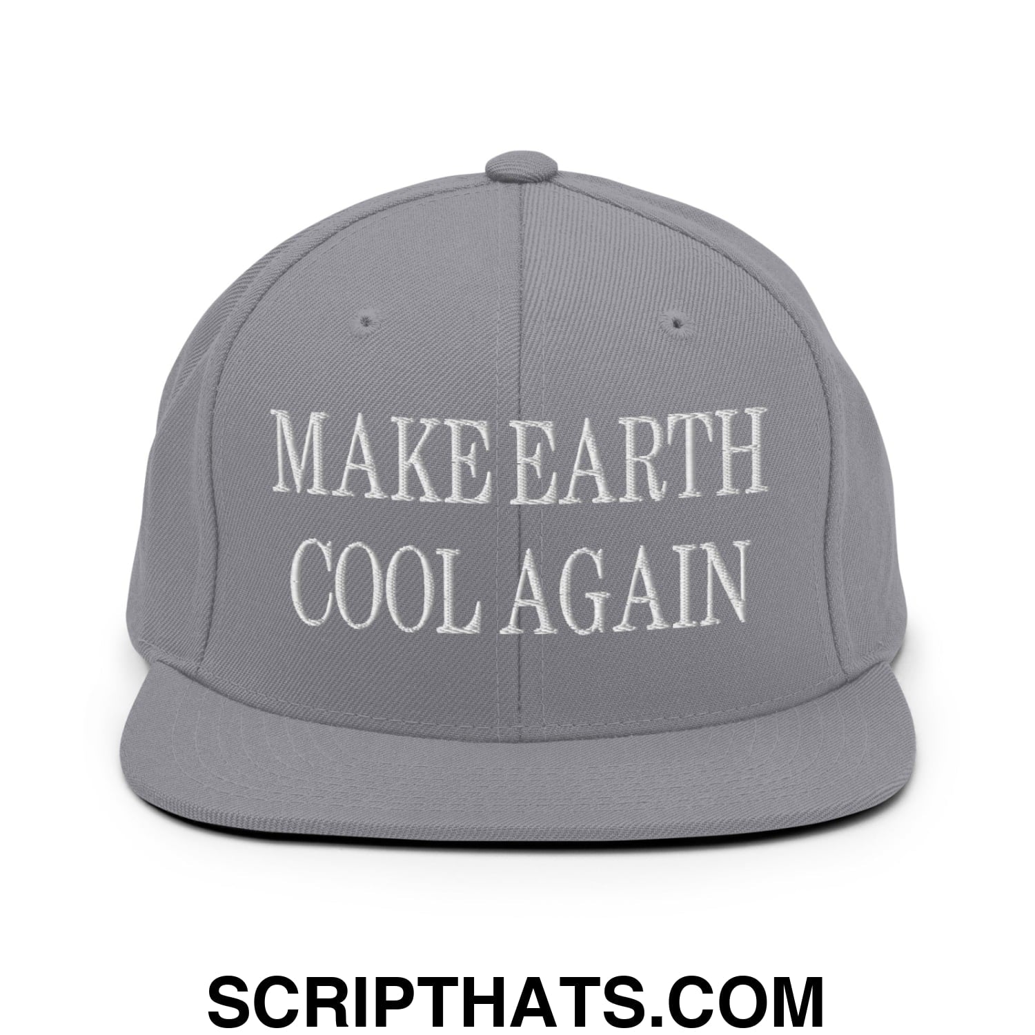Gray snapback hat with white embroidered make earth cool again text featuring a flat bill brim design