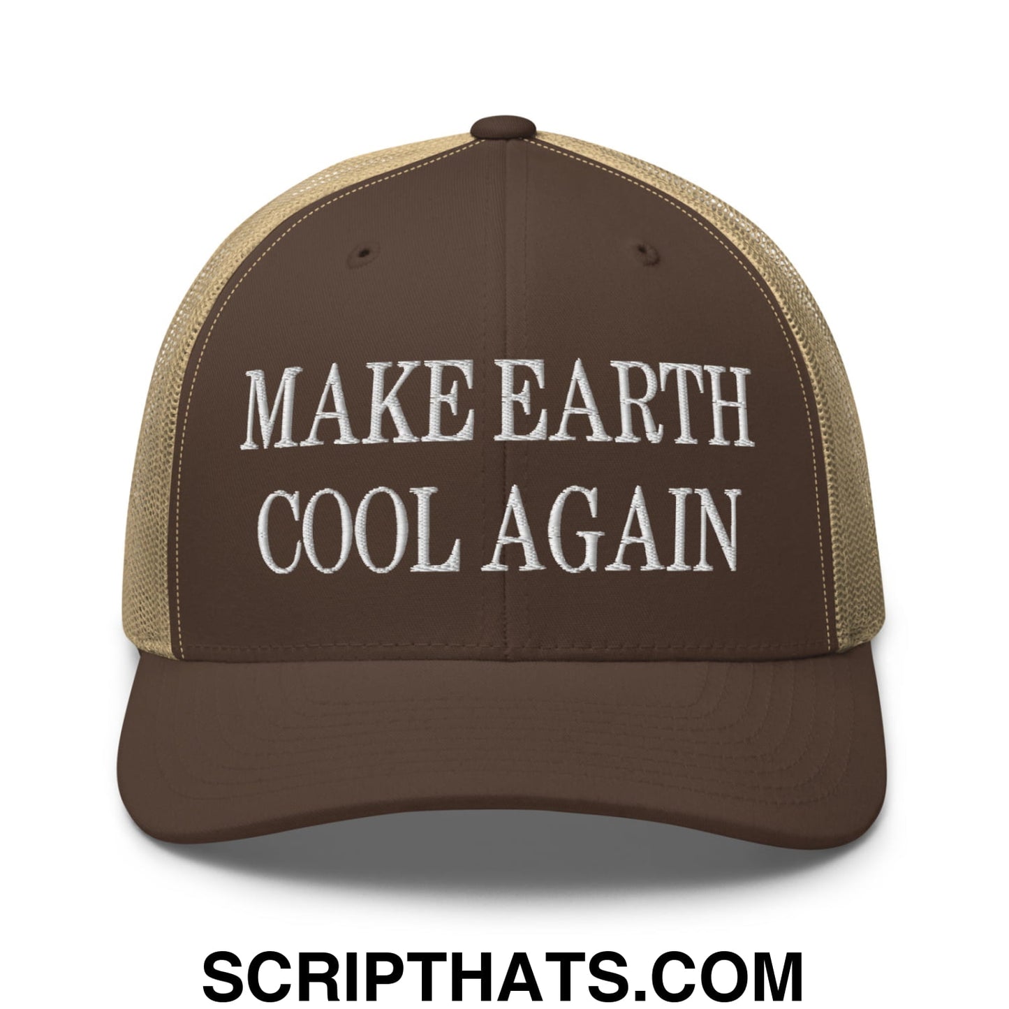 Brown and tan mesh trucker hat with white embroidered make earth cool again text on the front panel