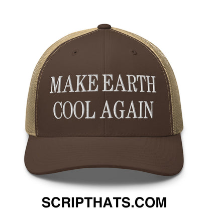 Brown and tan mesh trucker hat with white embroidered make earth cool again text on the front panel