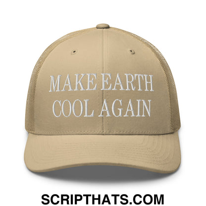 Beige mesh trucker hat with white embroidered make earth cool again text on the front panel