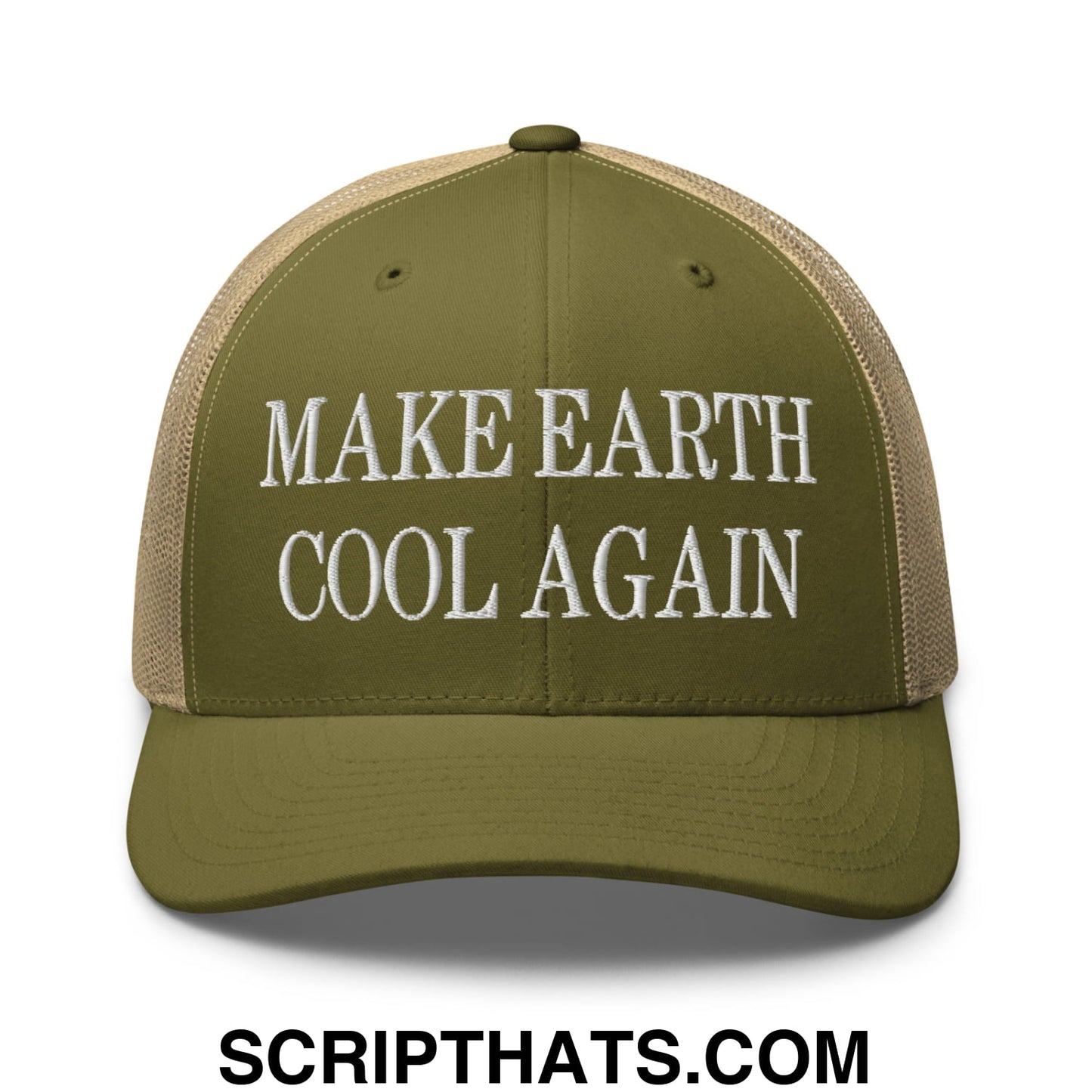 Olive green and beige mesh trucker hat with white embroidered make earth cool again text for casual wear