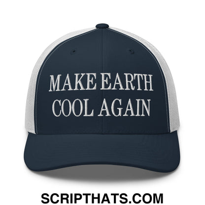 Dark blue and white embroidered mesh trucker hat with bold make earth cool again text in uppercase font