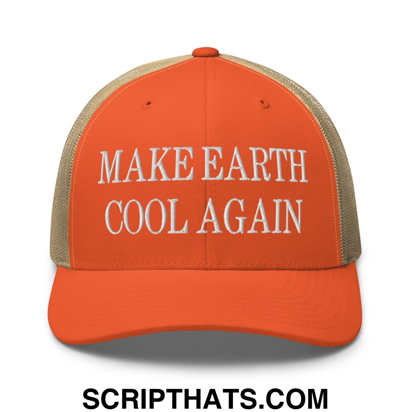Orange and beige mesh trucker hat with white embroidered text reading make earth cool again