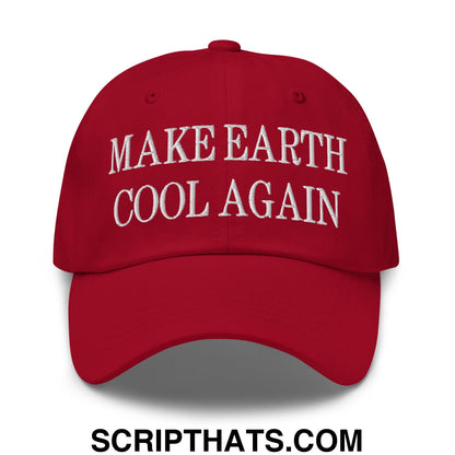Red embroidered unstructured dad hat with make earth cool again text, eco-friendly casual baseball cap