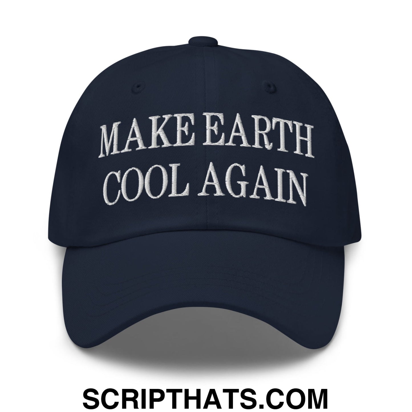 Navy blue unstructured dad hat with white embroidered make earth cool again text for casual wear