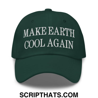 Dark green unstructured dad hat with white embroidered text make earth cool again for casual outdoor wear