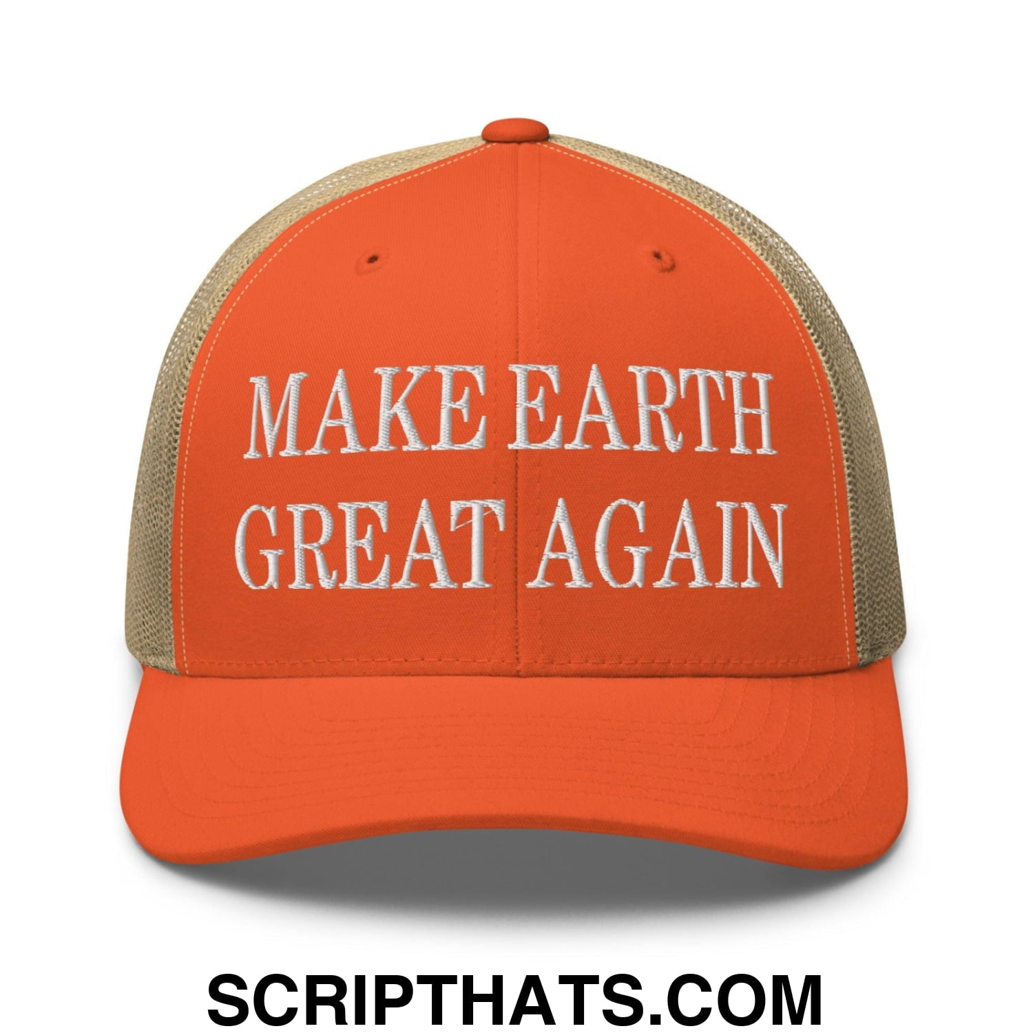 Make Earth Great Again Embroidered Mesh Trucker Hat Rustic Orange Khaki
