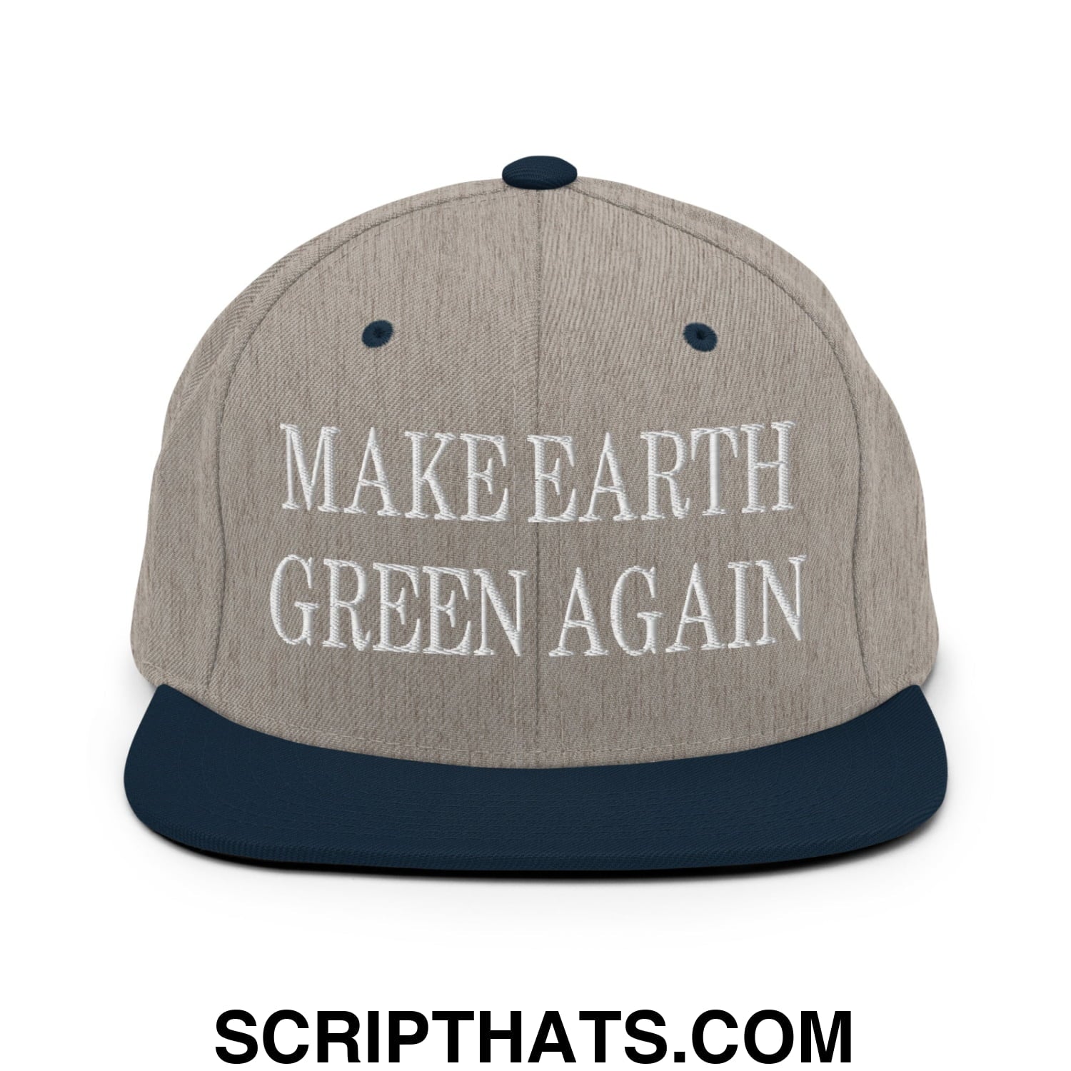 Make Earth Green Again Embroidered Flat Bill Brim Snapback Hat Heather Grey Navy