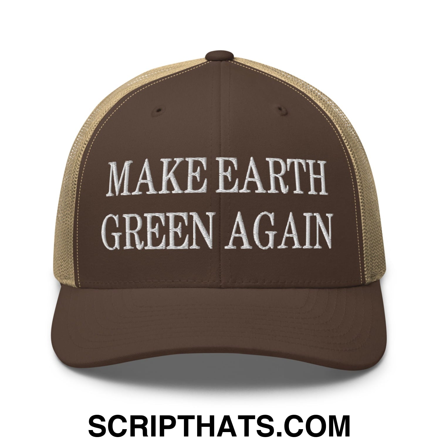 Make Earth Green Again Embroidered Mesh Trucker Hat Brown Khaki