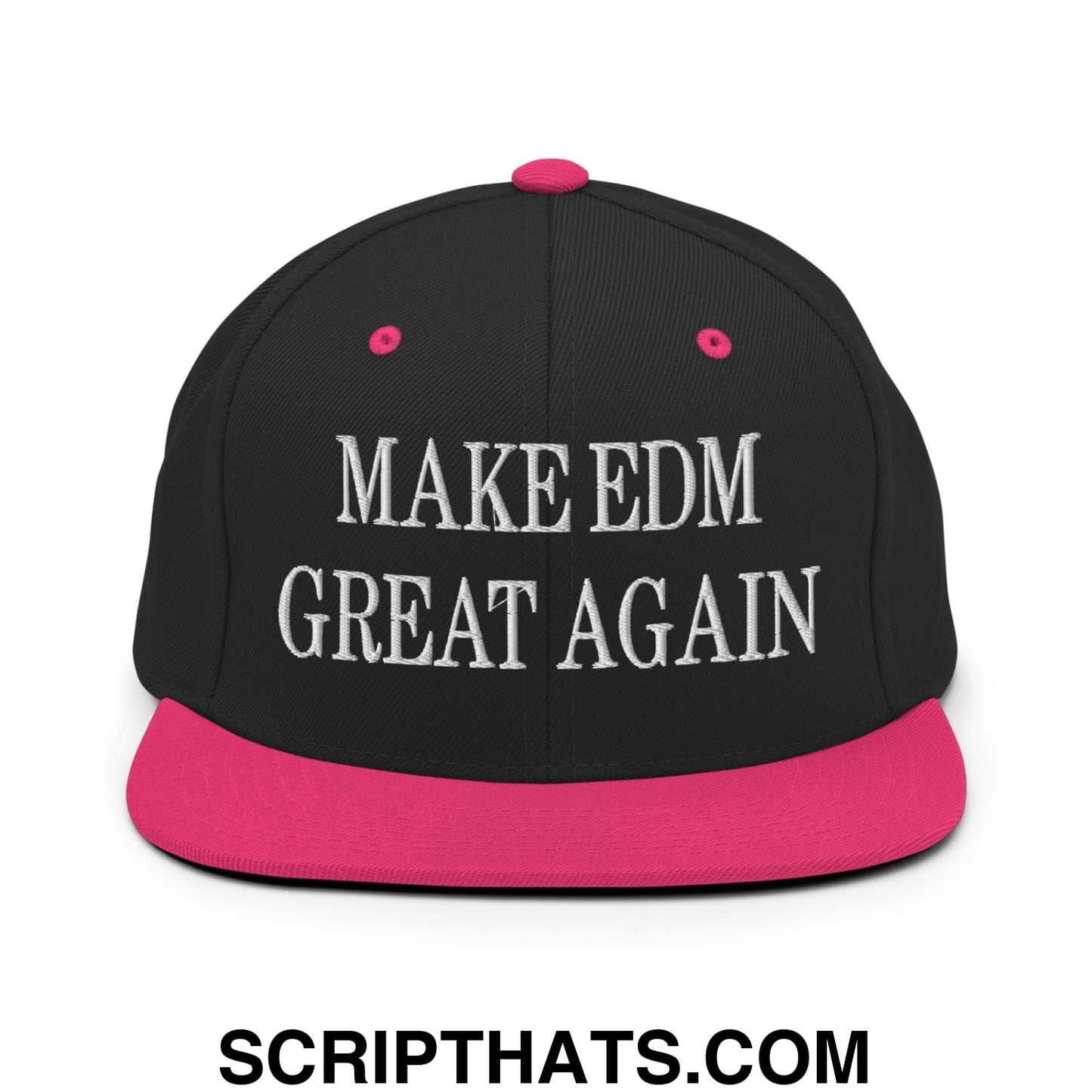 Black snapback hat with vibrant pink brim and button featuring white embroidered make edm great again text