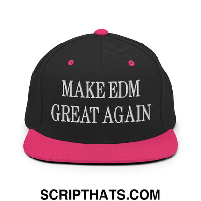 Black snapback hat with vibrant pink brim and button featuring white embroidered make edm great again text