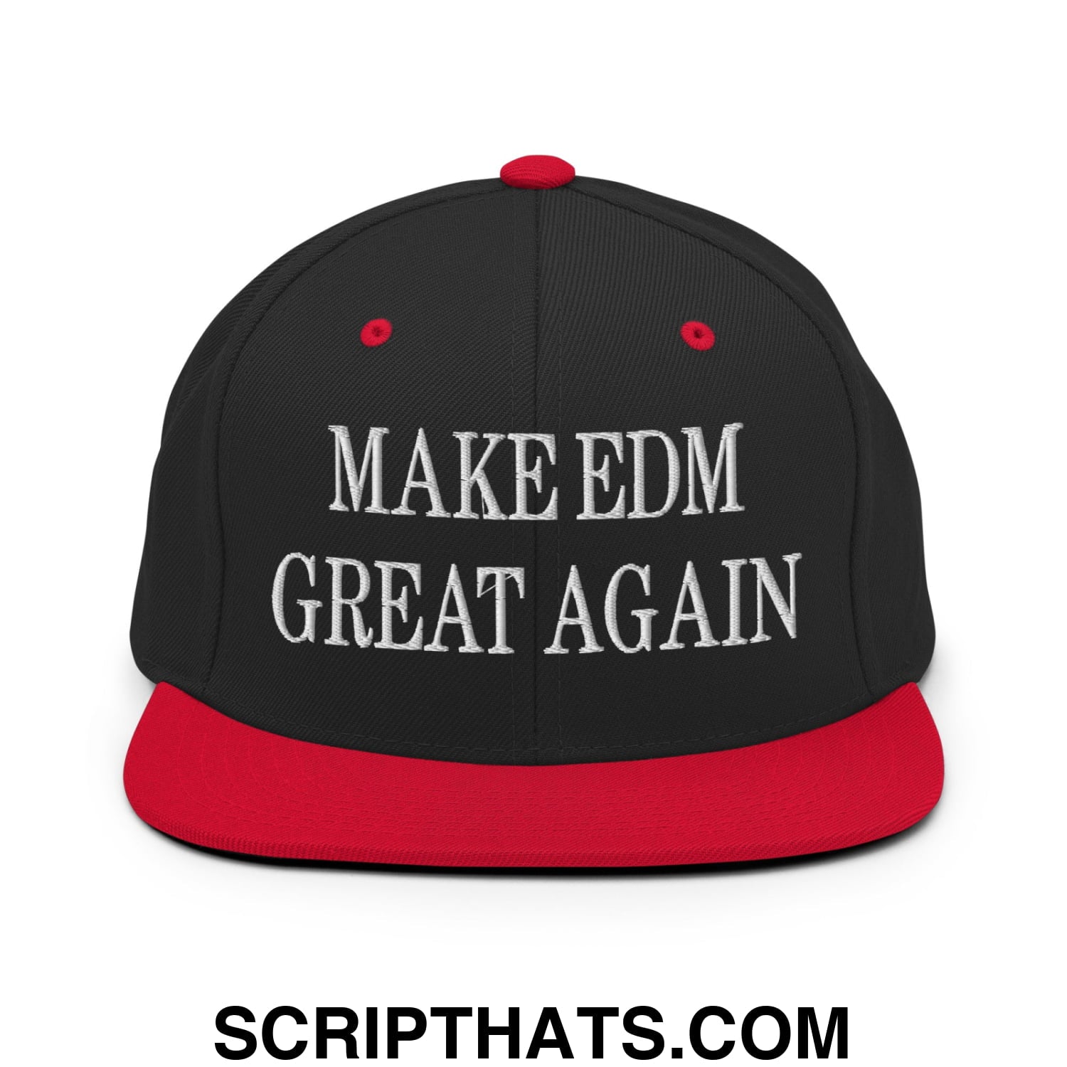 Black and red snapback hat with white embroidered make edm great again text and flat bill brim design