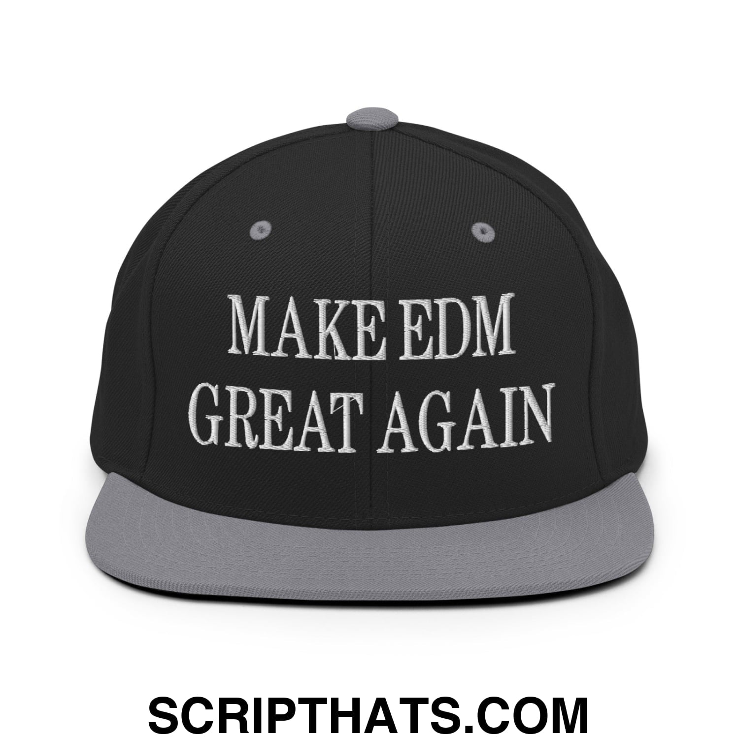 Black snapback cap with gray brim and white embroidered text reading make edm great again flat bill brim hat