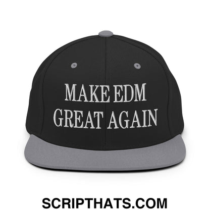 Black snapback cap with gray brim and white embroidered text reading make edm great again flat bill brim hat