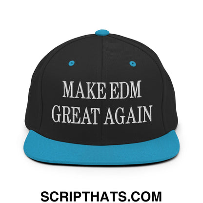 Black snapback cap with bright blue brim and white embroidered make EDM great again text flat bill brim snapback hat